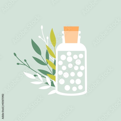 Green organic natural homeopathic pills in glass jars. Homeopathy treatment banner, herbal alternative medicine, essential natural oil, herb pharmacy, food supplement. flat vector