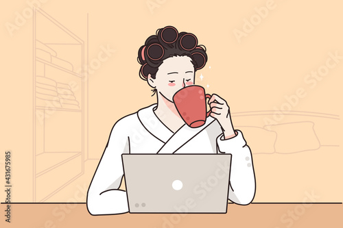Remote distant work and freelance concept. Young woman in curlers sitting near laptop and home and drinking coffee in comfortable room vector illustration 