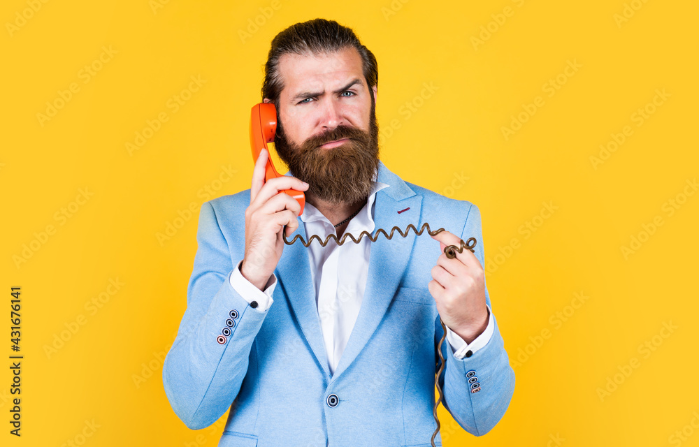 A better way. true gentleman with groomed hair hold vintage telephone. nice conversation. bearded man in formalwear speak on retro phone. elegant businessman has business talk. communication A better way. true gentleman with groomed hair hold vintage telephone. nice conversation. bearded man in formalwear speak on retro phone. elegant businessman has business talk. communication
