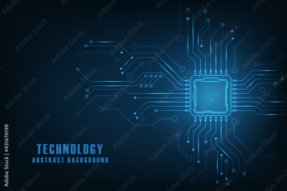 Vector futuristic microchip CPU circuit board blue light. Technology abstract background.