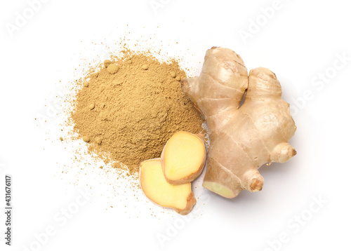 Flat lay of ginger powder with Fresh ginger rhizome and  slices  isolated on white background.