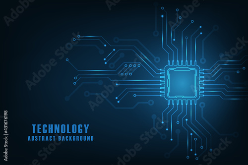 Vector futuristic microchip CPU circuit board blue light. Technology abstract background. photo
