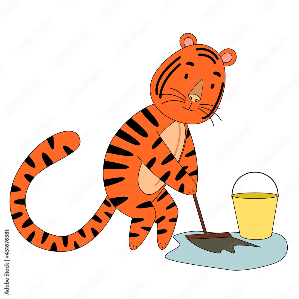 tiger mopping floors, cute animal. the idea of a character for a greeting card, a childrenes wall painting. tiger mopping floors, cute animal. the idea of a character for a greeting card, a childrenes wall painting.