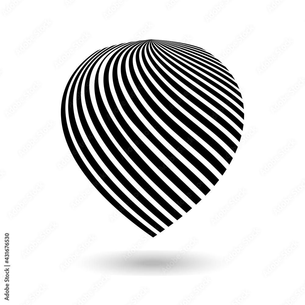 Decorative blob or petal with black diagonal stripes on white. Design elements for advertising flyer, presentation template, brochure layout, book cover. 