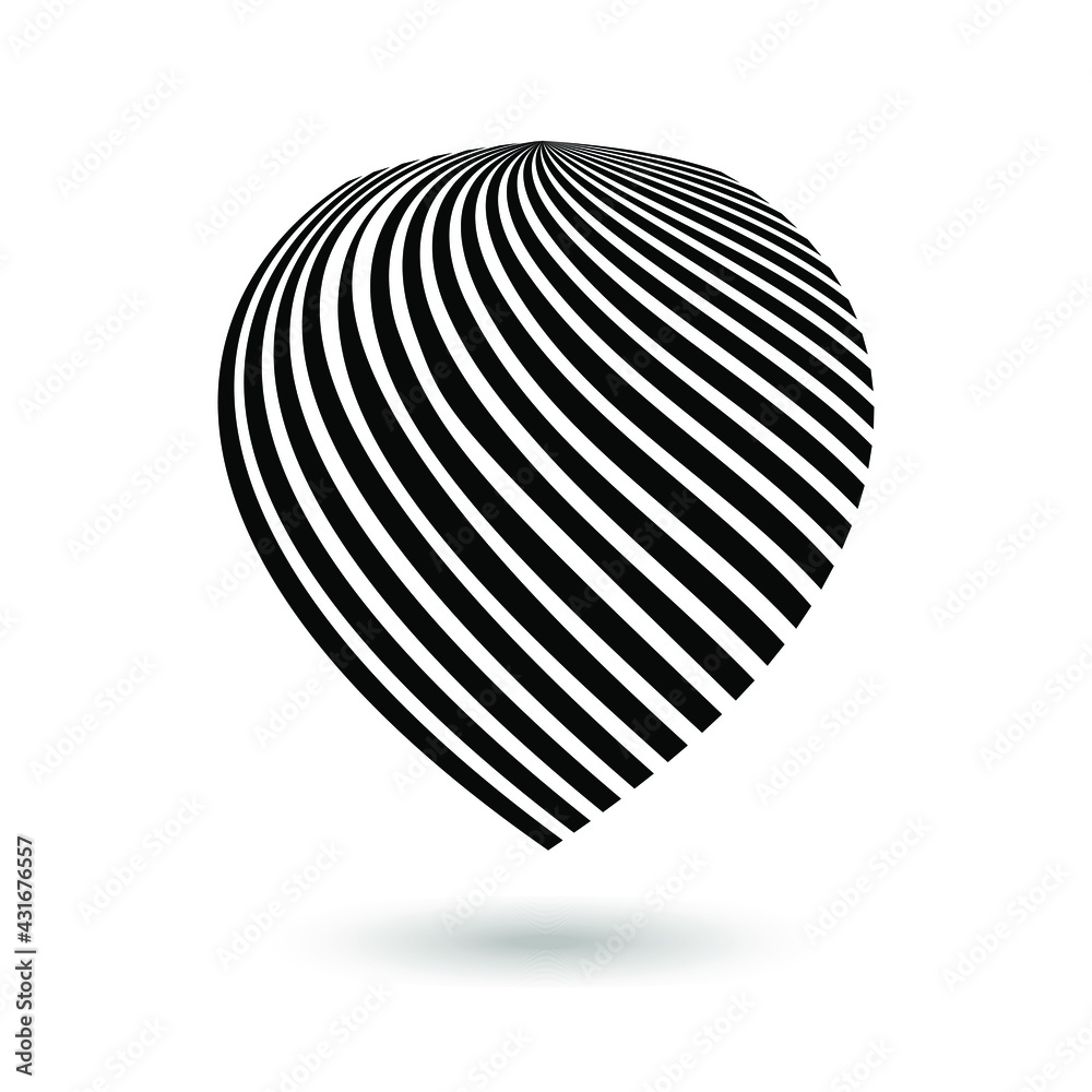 Decorative blob or petal with black diagonal stripes on white. Design elements for advertising flyer, presentation template, brochure layout, book cover. Vector 3d graphics.