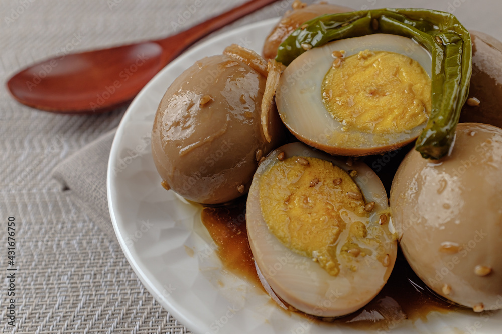 Cooked boiled eggs seasoned with soy sauce