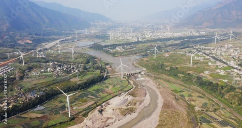 Drone shots of a large Chinese windfarm located in the valley of Sichuan photo