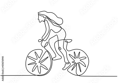 Continuous single line drawing of young girl bicycle racer focus train her skill on the street. Road cyclist concept. Character woman with long hair riding bicycle. Vector illustration
