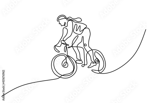 Continuous single line drawing of young girl bicycle racer focus train her skill on the street. Road cyclist concept. Character woman with long hair riding bicycle. Vector illustration