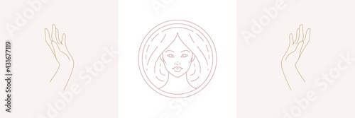 Magic woman with hairstyle and praying female hands gestures in boho linear style vector illustrations set