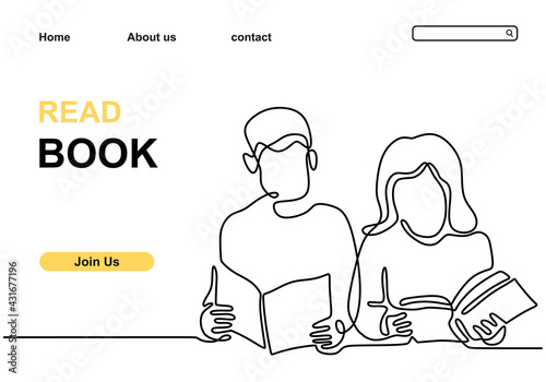 Continuous line drawing of two kids read book minimalist design. Little girl and boy read together. Children reading for back to school theme minimalism style on white background. Vector illustration