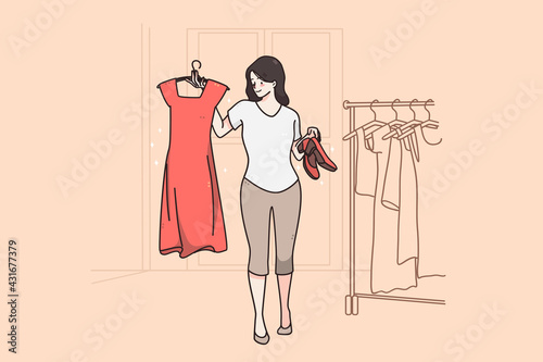 Hard choice and fitting room concept. Stylish young woman cartoon character smiling holding red dress and shoes posing in dressing room vector illustration 