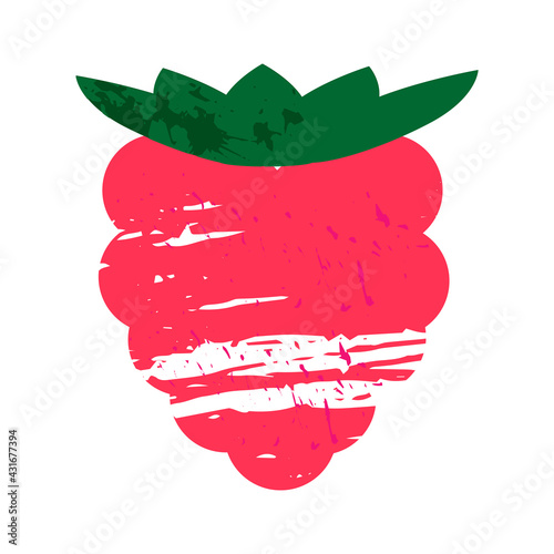 Abstract raspberry textured element on a white background. Isolated stock vector illustration. Single Decorative element. Bright pink berry with a leaf.