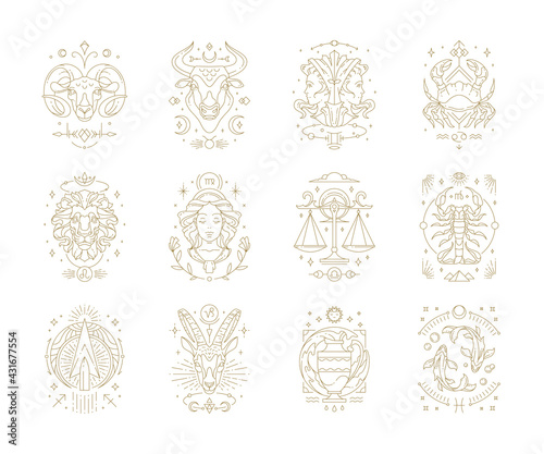 Zodiac astrology horoscope signs linear design vector illustrations set.