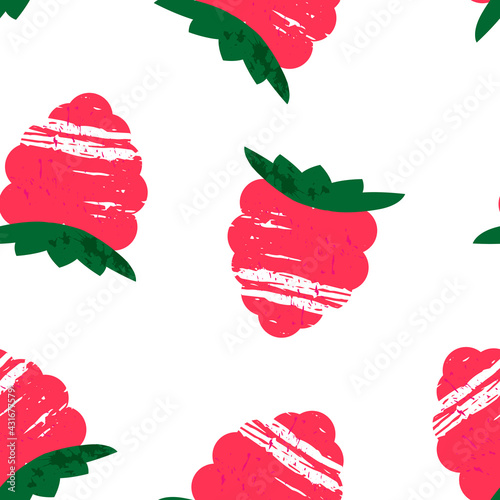Pink raspberry textured pattern on a white background.
 Seamless pattern with a clipping mask. Simple abstract raspberry with a leaf.