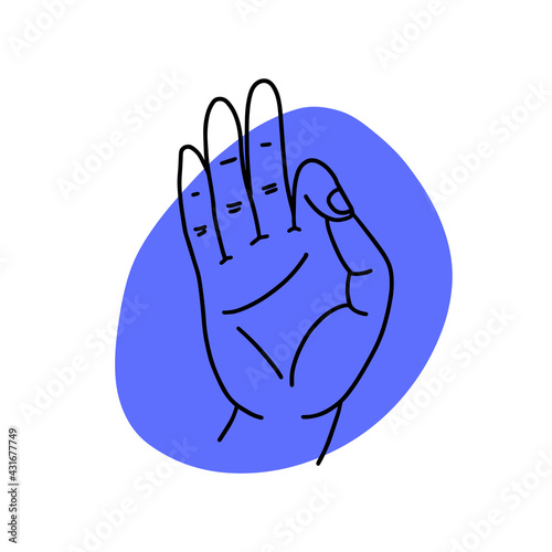 Linear hand illustration showing OK sign. Yoga mudra - Gyan. Stock vector illustration.