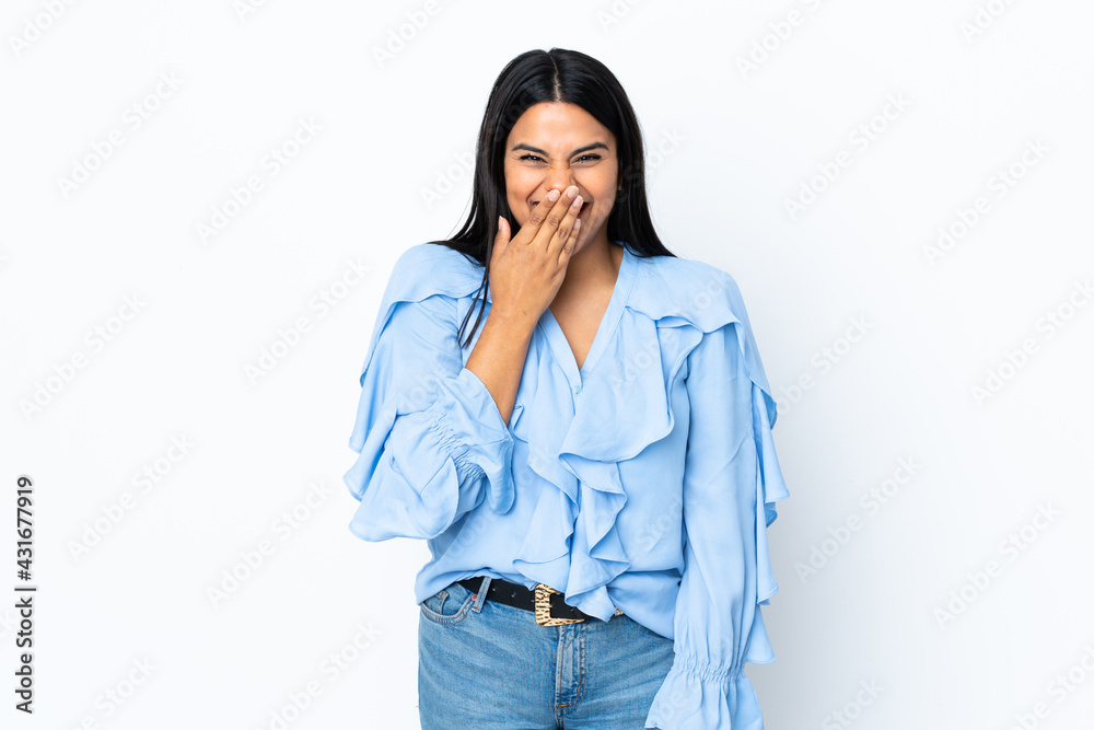 Young latin woman woman isolated on white background happy and smiling covering mouth with hand Young latin woman woman isolated on white background happy and smiling covering mouth with hand