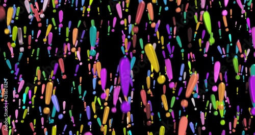 Many symbols of colored 3d exclamation mark, descend, on black background.