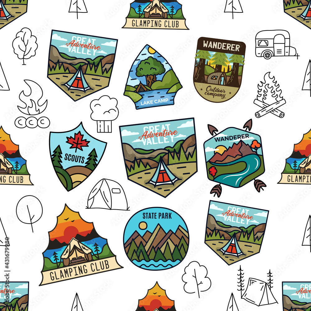 Outdoor activity and adventure seamless pattern vector design
