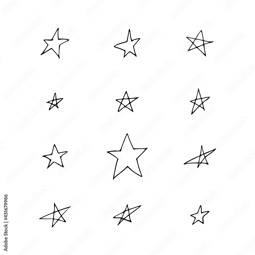 Set of hand-drawn stars on white background. Vector collection of ruggedly hand-drawn stars uneven lines. Set of hand-drawn stars on white background. Vector collection of ruggedly hand-drawn stars uneven lines.