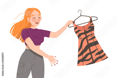 Redhead Freckled Female Holding Trendy Dress on Hanger Beaming with Happiness Vector Illustration