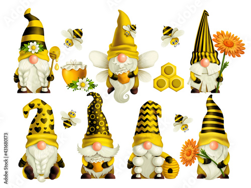 Set of gnomes bee in a yellow hat with a spoon, beehive and bees spring-summer dwarf Gnome honey Gnomish love. Hand-drawn digital drawings isolated on white background, for printing greeting cards photo