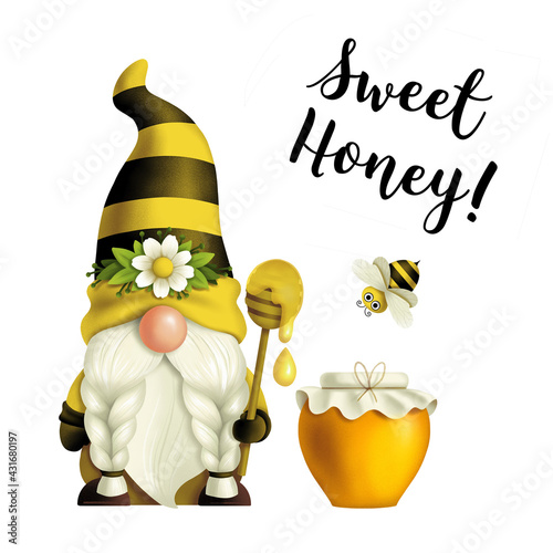 Gnome girl with a spoon of honey in hands and bee, quote Sweet honey, spring summer dwarf Gnome-honey Gnomish love Hand-drawn digital drawings isolated on white background, for printing greeting cards photo