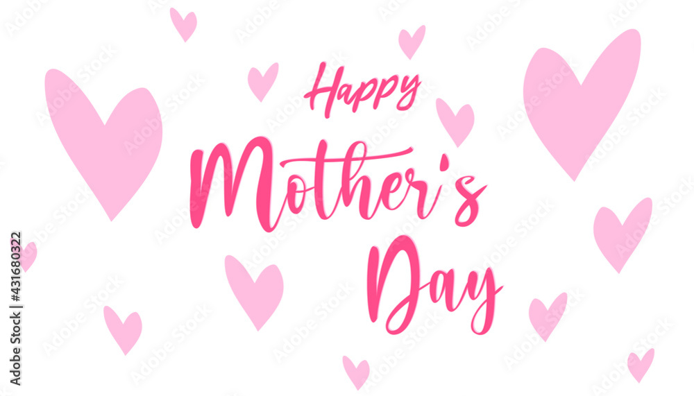 Letter Happy Mothers Day in pink color. Postcard for mother gift or women holiday. Symbols of love in shape of heart for greeting card design. Vector illustration  isolated on the white background.