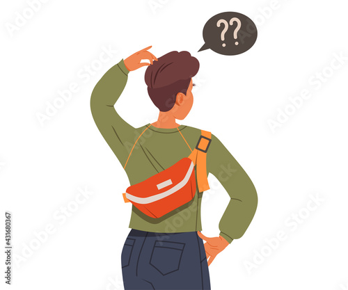 Male Scratching His Head Looking Somewhere Ahead Making Decision Vector Illustration