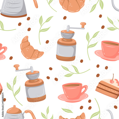 Hand drawn mint Valentine's Day romantic seamless pattern with cute cups, mugs, hearts, coffee, cocoa and more. Vector illustration background in pink and mint colors
