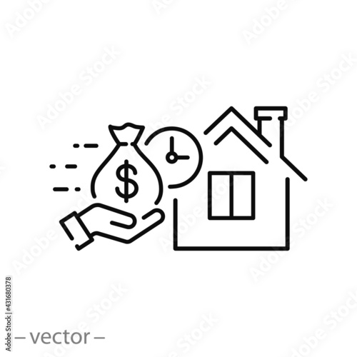 home loan icon, estate mortgage, payout house credit, save money, thin line symbol on white background - editable stroke vector eps10