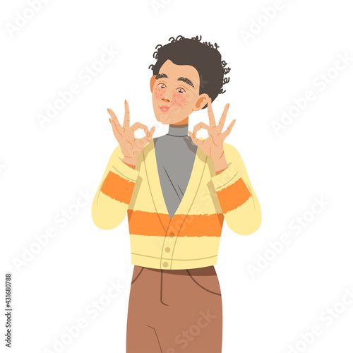 Freckled Man Showing OK Gesture with His Hands Feeling Happiness and Excitement Vector Illustration