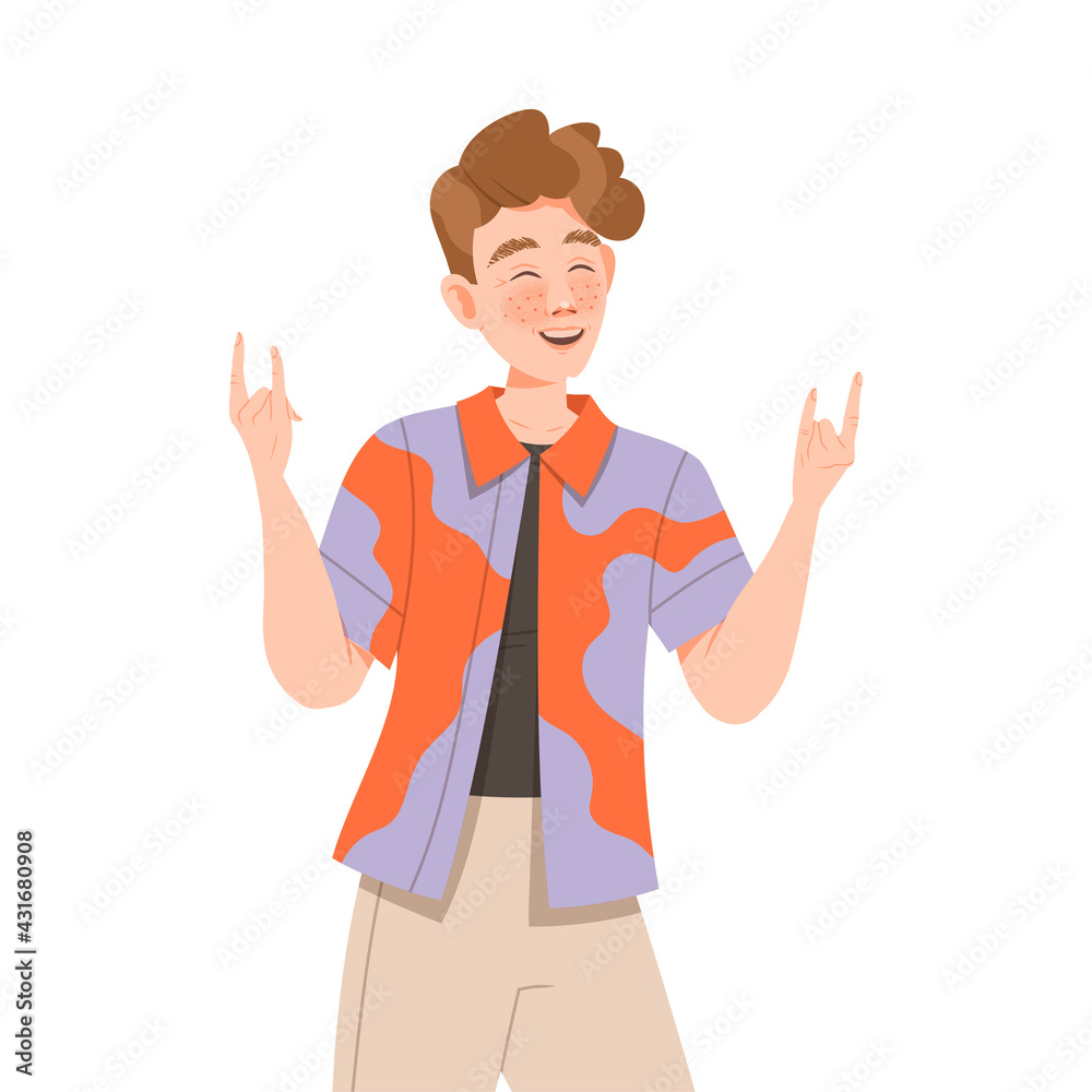 Smiling Freckled Man Showing Sign of the Horns as Positive Hand Gesture Vector Illustration Smiling Freckled Man Showing Sign of the Horns as Positive Hand Gesture Vector Illustration
