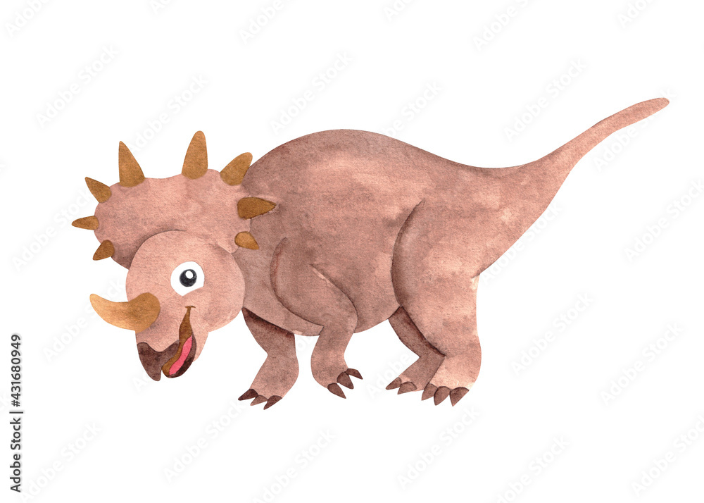 Fototapeta premium Watercolor pink dinosaur illustration; cute styracosaurus isolated on white for baby nursery decoration, clothing, print