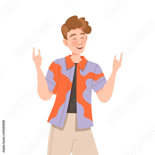 Smiling Freckled Man Showing Sign of the Horns as Positive Hand Gesture Vector Illustration
