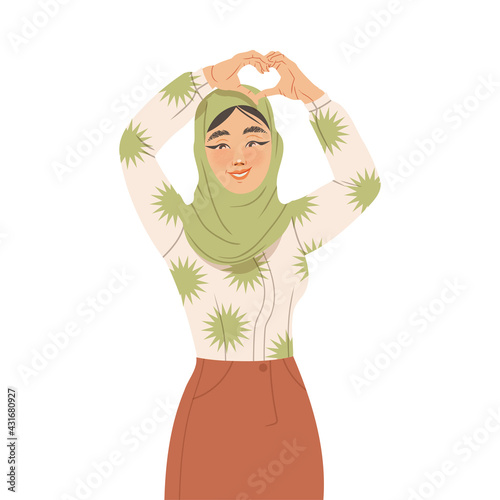 Muslim Woman in Hijab Showing Hand Heart Gesture Feeling Happiness and Excitement Vector Illustration