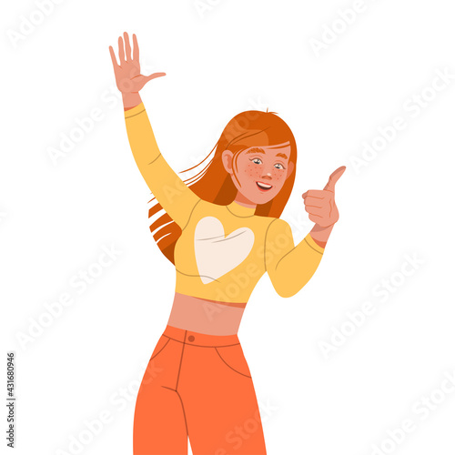 Redhead Female Showing Thumb Up and Waving Hand as Positive Gesture of Greeting Vector Illustration
