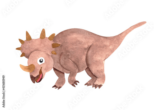 Fototapeta Naklejka Na Ścianę i Meble -  Watercolor pink dinosaur illustration; cute styracosaurus isolated on white for baby nursery decoration, clothing, print