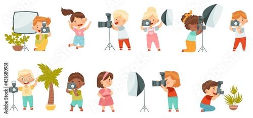 Cute Little Boy and Girl with Camera Taking Photograph and Posing with Studio Lighting Vector Set