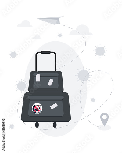 Tourist handbags. Airport. Pandemic travel warning poster. Unblock tourism, business. Vector 
