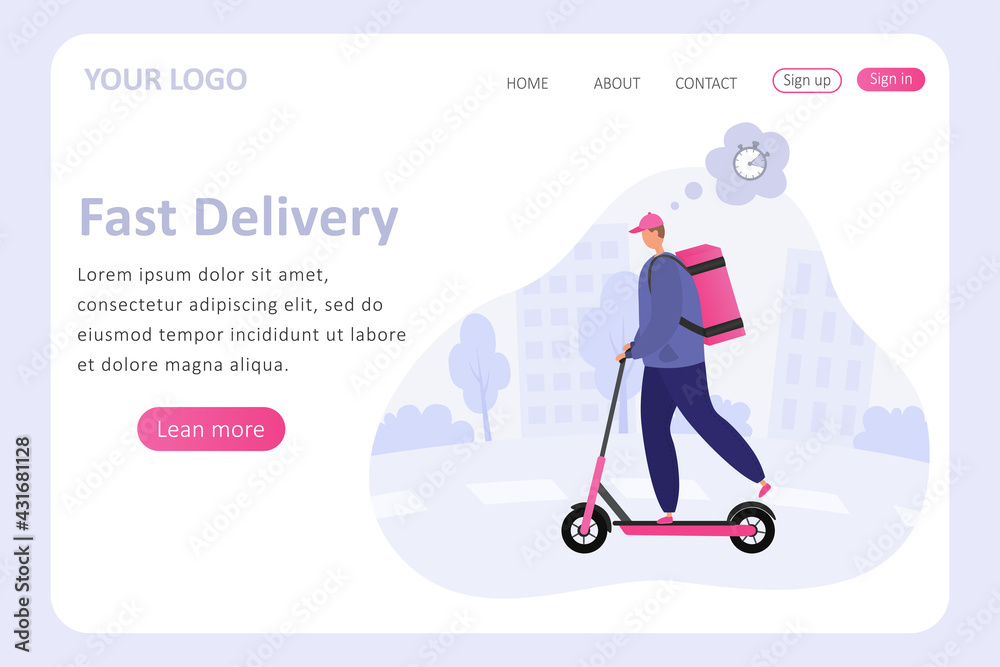 A male courier rides a pink scooter. Fast delivery. Sample site, home page