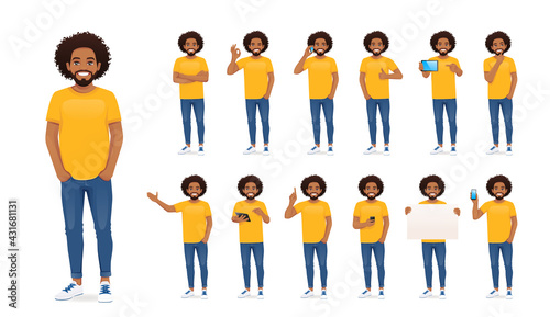 Young african man in casual clothes standing with different gestures set isolated vector illustration
