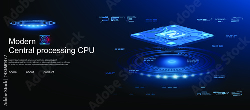 CPU processor for processing large amounts of information. Electronic microprocessor for computer or telephone. Concept banner with processor of the future