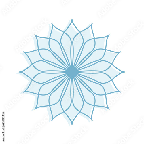 Linear vector isolated ornament. A simple snowflake, a winter pattern. Contour blue flower. Pastiche