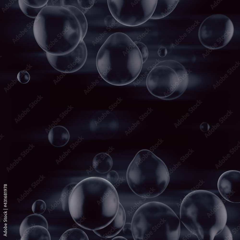 Modern digital illustration with smooth liquid shapes. Depth of field. Fluid dark composition. 3d rendering