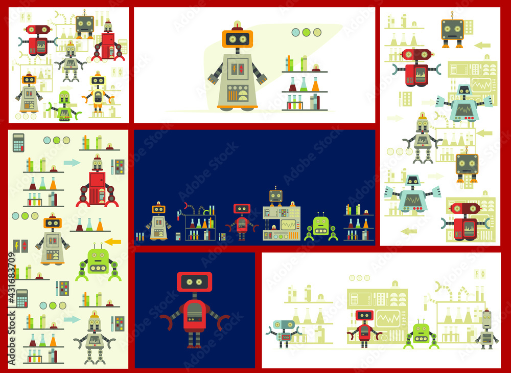 Set of cartoon robots. Vector illustration of robotics for children. Set of cartoon robots. Vector illustration of robotics for children.