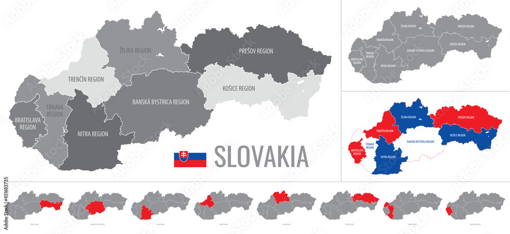 Detailed vector map of regions of Slovakia with flag