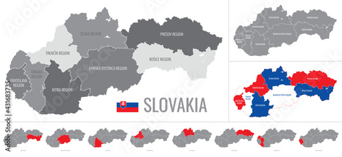Detailed vector map of regions of Slovakia with flag