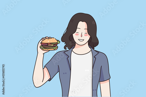 Nutrition, hunger and junk food concept. Funny hungry smiling woman cartoon character looking at tasty burger striving to eat it all vector illustration 