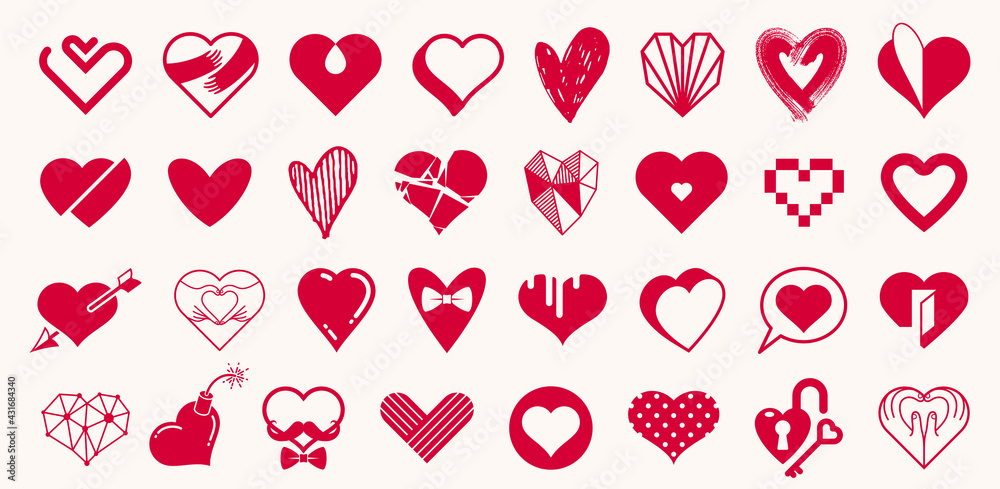 Collection of hearts vector logos or icons set, heart shapes of different styles and concepts symbols, love and care, health and cardiology, geometric and low poly. Collection of hearts vector logos or icons set, heart shapes of different styles and concepts symbols, love and care, health and cardiology, geometric and low poly.